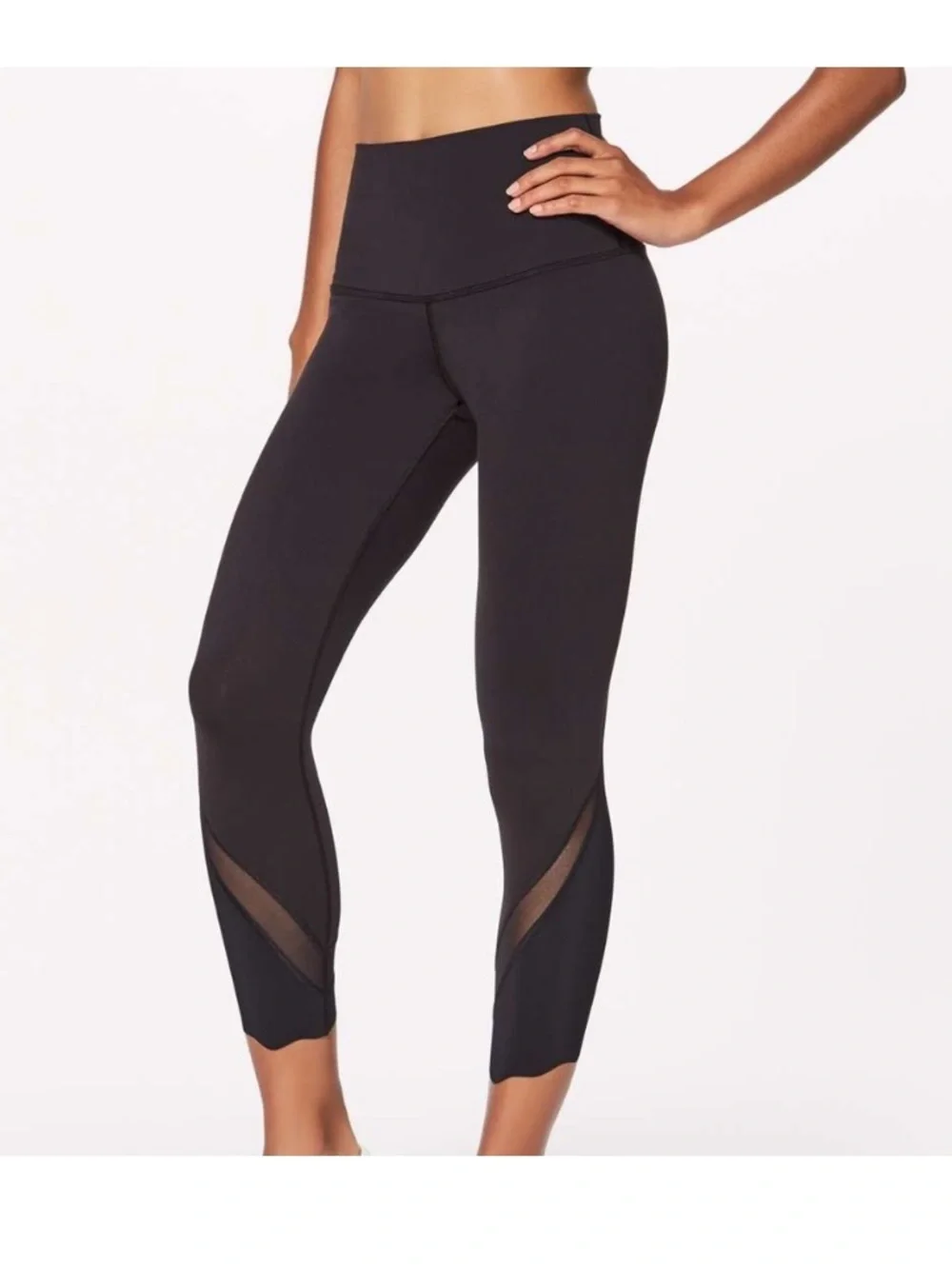 Lululemon Black Wunder Under Crop Scallop Hem Mesh Detail Legging W6BF1S Size 10